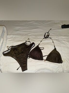 SHEIN Black Metallic Triangle Bikini with Pearl Chain Straps